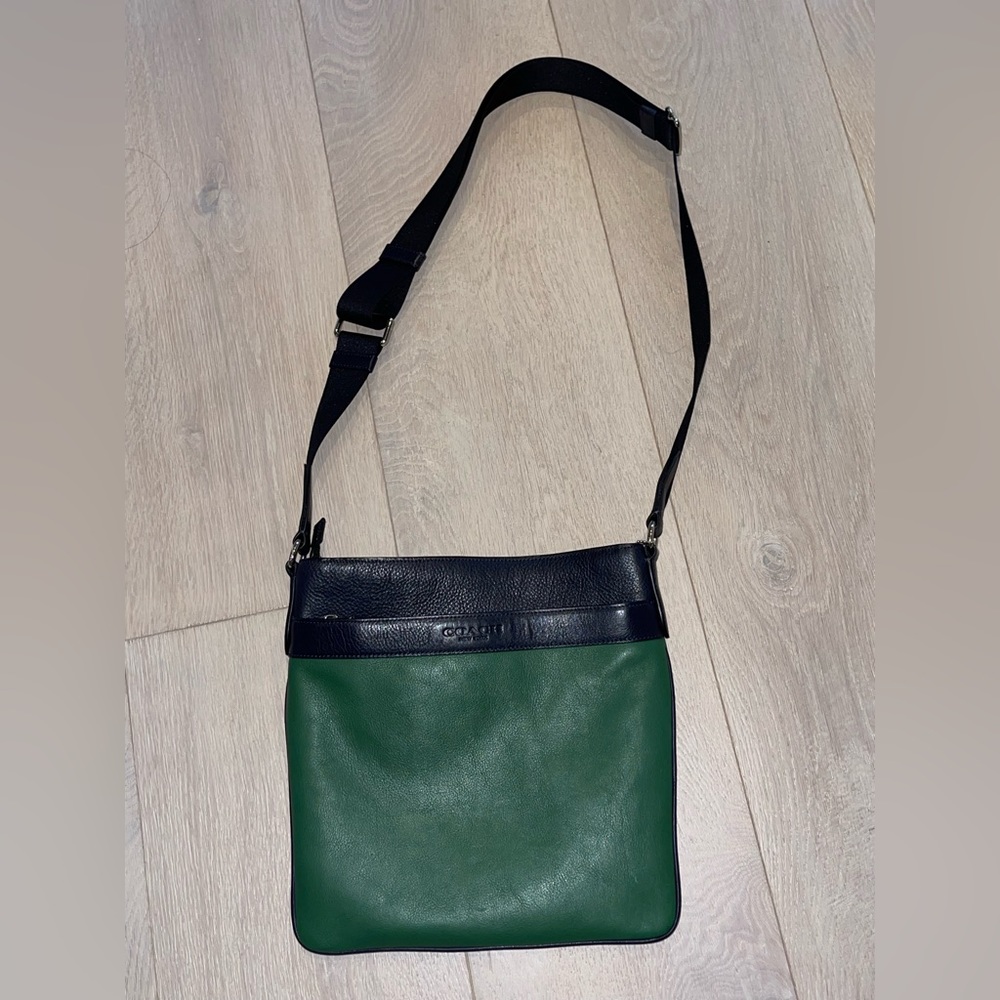 EUC Coach Slim Crossbody, Calf Leather - green & navy blue